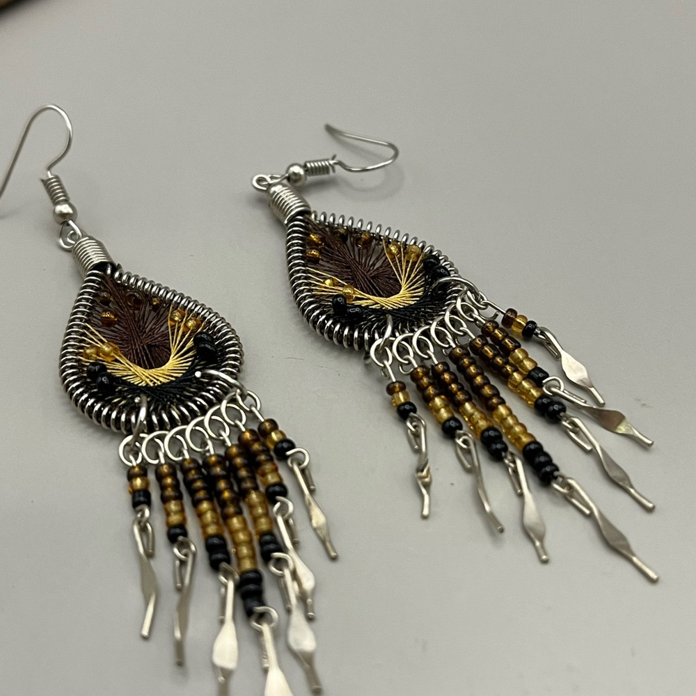 Stainless Steel and Gold Tribal Statement Earrings with Intricate Metalwork